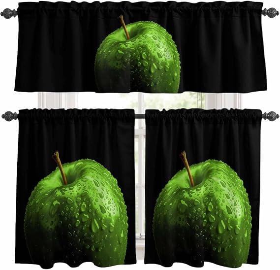 Light Green Fruit Kitchen Curtains Sets for Windows 36 Inch Length, Modern Minimalist Decor Black Background Window Treatments Tier Curtains and Valances Set for Bedroom/Bathroom