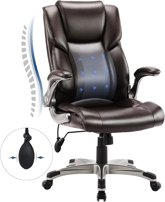 COLAMY High Back Executive Office Chair- Ergonomic Home Computer Desk Leather Chair with Padded Flip-up Arms, Adjustable Tilt Lock, Swivel Rolling Chair for Adult Working Study, Brown
