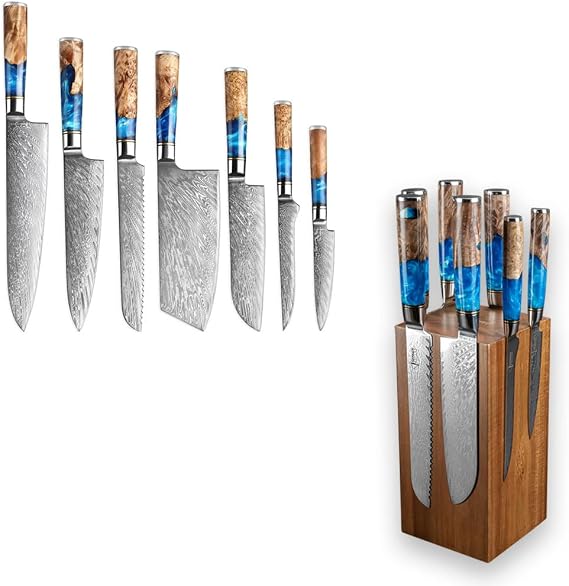 SENKEN 8-Piece 67-Layer Damascus Steel Kitchen Knife Set - "Tsunami" Collection - 7-Piece Chef Knife Set with Rotating Knife Block