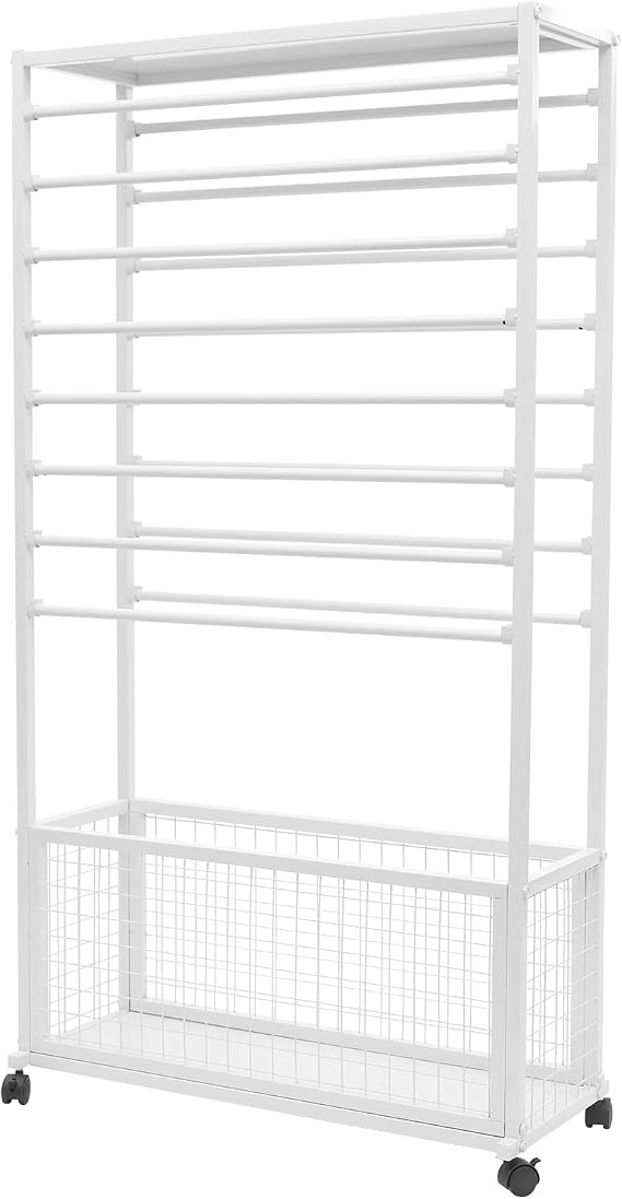 KOLHGNSE 16-Tier Ribbon Holder Organizer Rack, Heavy-Duty Mobile Craft Storage Cart Paper Roll Stand Wheels Top Shelf Florists Supplies Home Decor (White)