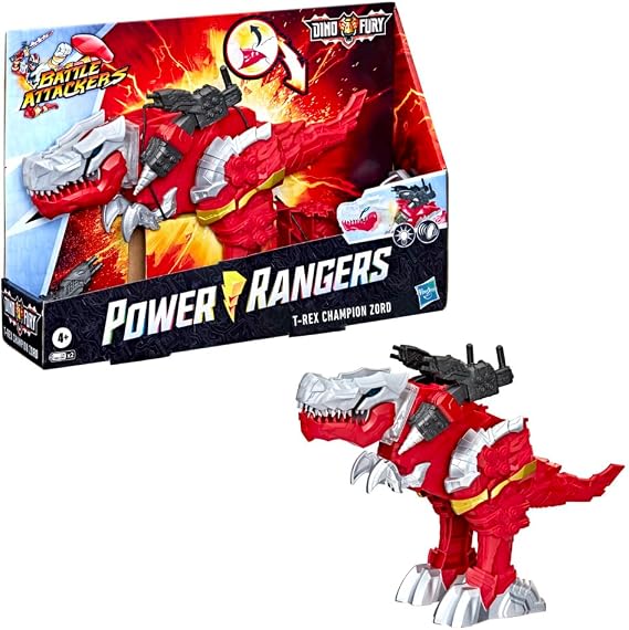 Power Rangers Battle Attackers Dino Fury T-Rex Champion Zord Electronic Action Figure Toy for Kids Ages 4 and Up with Lights and Sounds