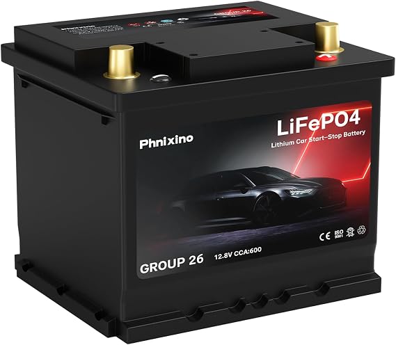 Lithium Car Battery 12V Group 26 Start and Stop, 600CCA LiFePO4 Automotive Battery For Car, Dimensions 8.14" L x 6.88" W x 7.08" H