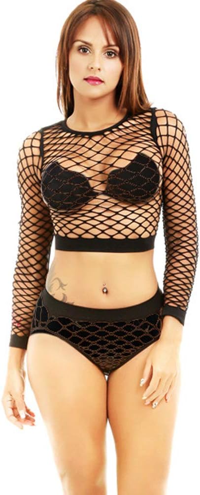 Womens Mesh Lingerie Set Fishnet Babydoll Plus Size Bodysuit See Through Shirt Long Sleeve