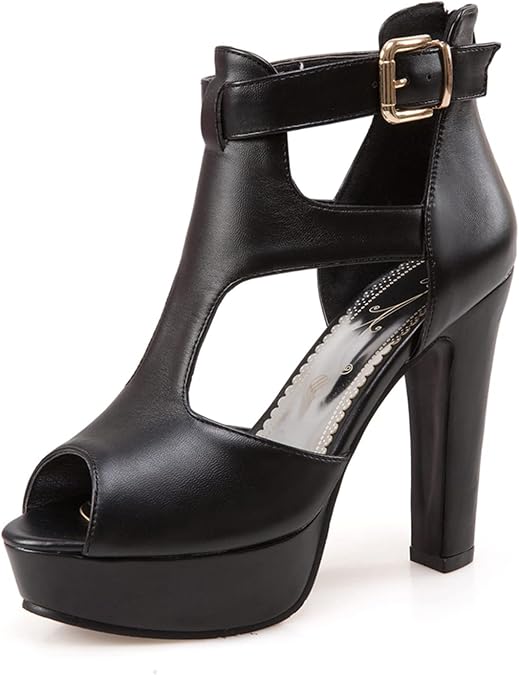 Women's Peep Toe Platform Sandal, T-Strap with Ankle Buckle, Block High Heel, 4.7 Inch Zipper Heel