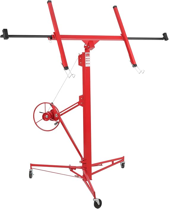 Garvee Drywall Lift 11 ft, Drywall Jack Lift for Ceiling, Adjustable Panel Hoist, 150 LBS Heavy Duty Drywall Lifter, 3 Lockable Wheels Foldable Sheetrock Lift for Home Improvement, Red
