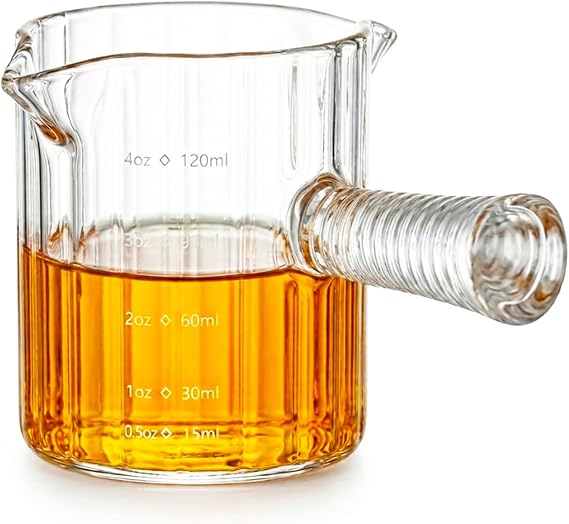 Glass Cocktail Jigger with Handle, 1/24 oz | Measuring Cup with mL Scale, easy-read ounce and milliliter markings for cocktails, espresso, syrup and baking