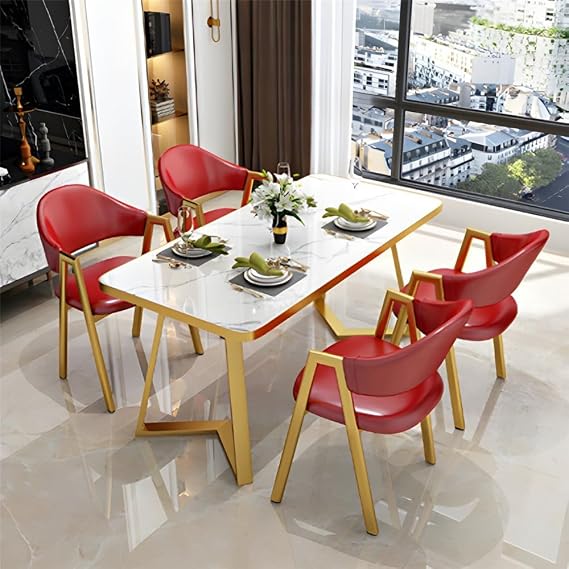 Dining Table Set Marble Stone Tabletop Nordic Style Dining Table Rectangle for Dining Room Kitchen Leisure 5 Piece (Contains 4 Chairs 1 Table) -Red