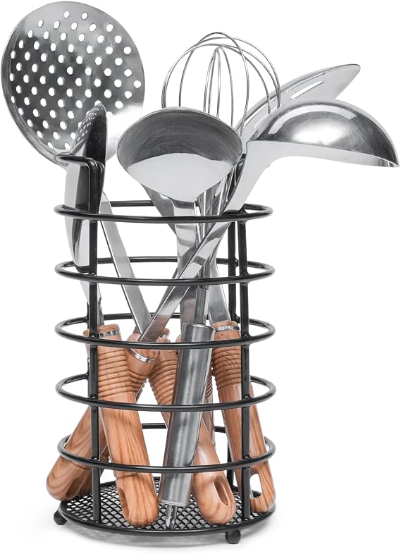 Besto Utensil Holder for Kitchen | Black Coated Steel Cooking Utensil Storer| Steel Mesh Basket Cutlery Rack for Kitchen Forks, Knives, Spoons