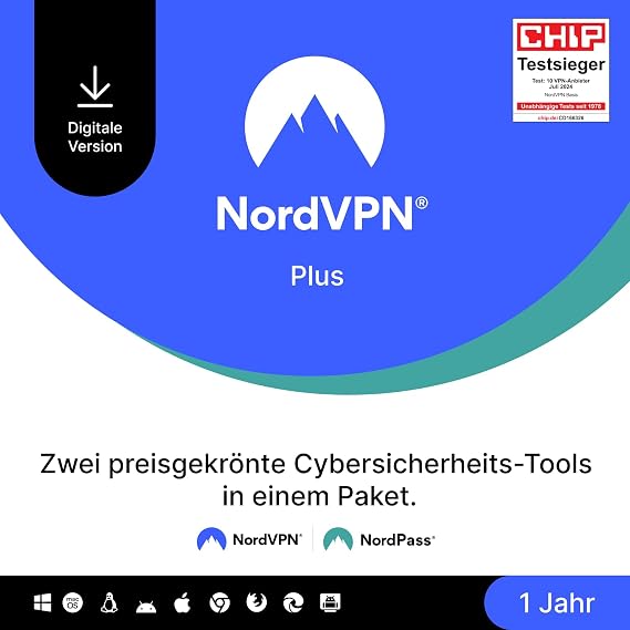 NordVPN Plus 1 Jahr VPN- und Passwort-Manager-Software-Bundle Digitaler Code