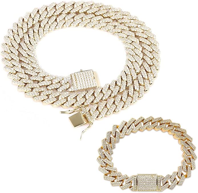 Miami Cuban Link Chain 14K Gold Plated Necklace (16, 18, 20, 22, 24, 30 Inches Length); Hip Hop Bracelet (8" Length) for Men & Women; Perfect Iced Out Bling Jewelry Gift