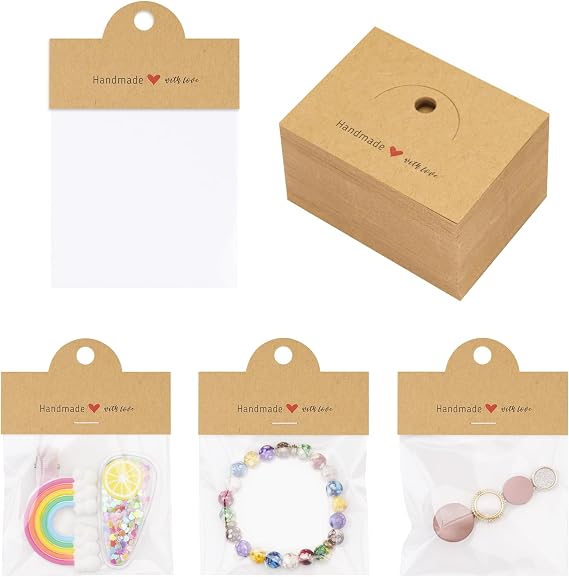 joycraft 100Pcs Brown Packaging for Small Business, Jewelry Package Supplies with Clear Bags, Jewelry Display Bags for Selling, Craft Packaging Set for Bracelets, Key Chains, Earring.