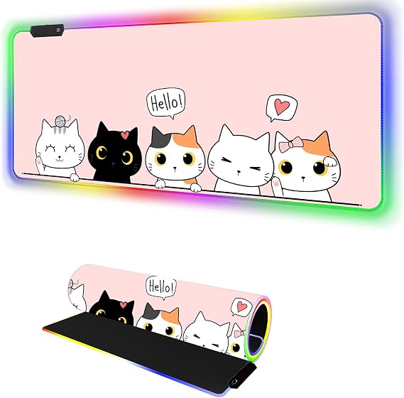 RGB Mouse Pad I Large Mousepad with 14 Led Modes I Keyboard Pad Gaming Desk Mat I Non-Slip Rubber Base Mouse Mat I 900x400x4mm Waterproof Mousepad for PC MacBook Women Girl I Cute Pink Kawaii Cats