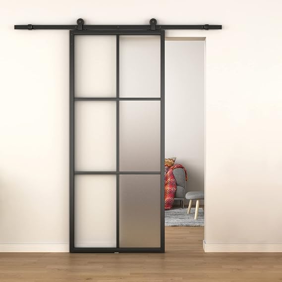 BARNSMITH 36in x 84in Aluminum Glass Sliding Barn Door Panel Heavy Duty DIY Frosted Tempered Glass Door Slab Disassembled(Sliding Hardware not Included) KDA03