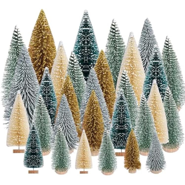 Yahpetes Artificial Mini Christmas Trees, 30 Pcs Sisal Snow Pines in 5 Sizes, Crafting Displaying Decoration, Tabletop Xmas Tree for Home, Party