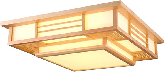 Wood Square Tatami Ceiling Light Fixture, Japanese Style LED Light with Remote, Vintage Square Ceiling Lamp Light Fixture for Living Room Bedroom