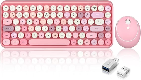 Perixx PERIDUO-713 ES Set de raton y Mini Teclado inalambrico 2.4 GHz - Teclas Retro Redondas - Rosado Pastel - Espanol QWERTY