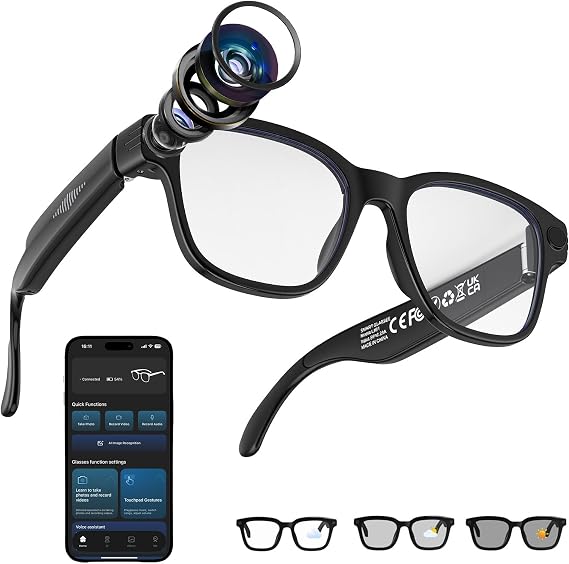 AI Smart Glasses with Camera and Bluetooth, 8MP 1200P HD Anti-Shake Photo/Video Recording, Real-Time Translation & Voice Assistant, Dual Mic, Music Player, Open-Ear Audio for Vlogging/Travel/Meetings