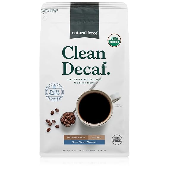 Natural Force Organic Mold Free Coffee, High CGA Coffee, Mycotoxin Free, Low Acidity, Incredible Taste & Aroma, Ground Swiss Water Decaf Medium Roast, 10 oz