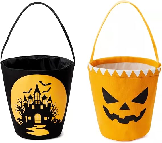 2 Pcs Canvas Halloween Trick or Treat Buckets Halloween Candy Snack Baskets Pumpkin Face Candy Holder with Handle for Halloween Party Favor Supplies (Castle/Pumpkin Face)