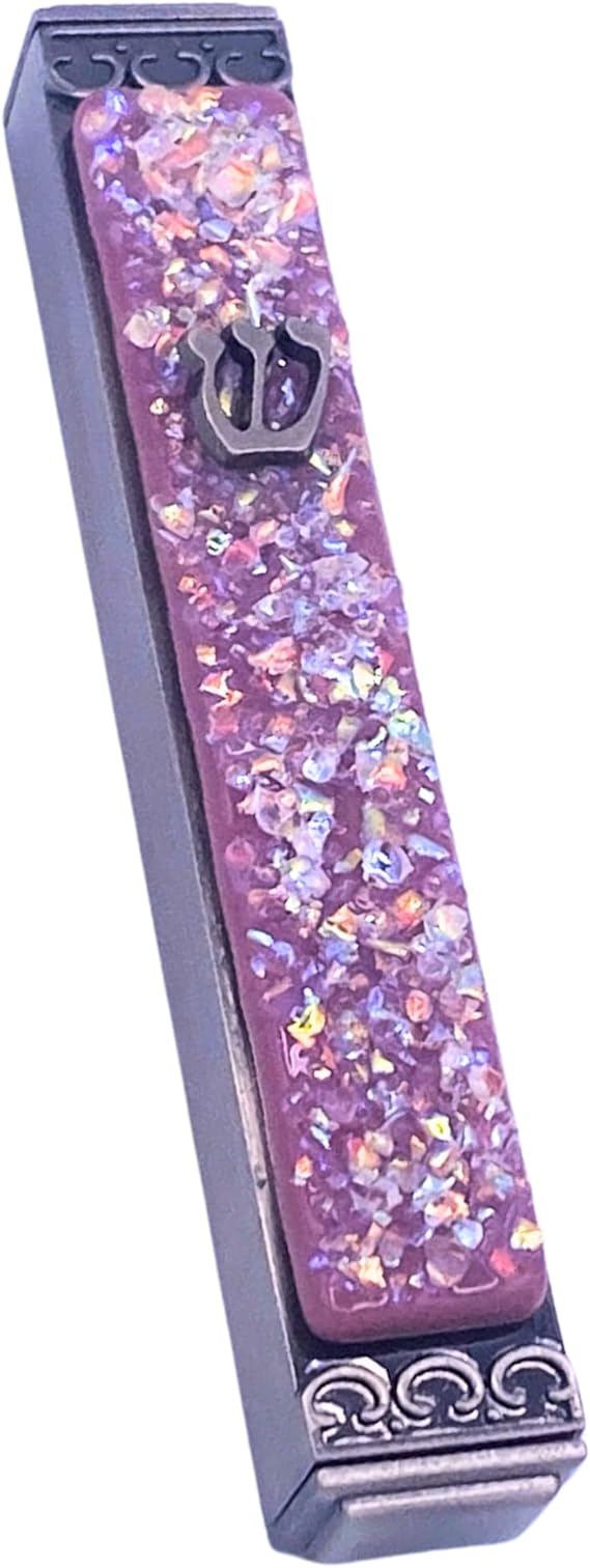Sparkling Art Glass Mezuzah - Easy Mount Indoor or Outdoor - Weatherproof Metal Case - Gift Box and Non-Kosher Scroll Included - Hand Made in USA -  for Life! (Opal Plum)