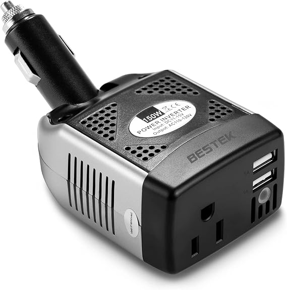 BESTEK 150W Power Inverter 12V to 110V Voltage Converter Car Charger Power Adapter with 3.1A Dual USB Charging Ports, Rotatable Plug & Safety
