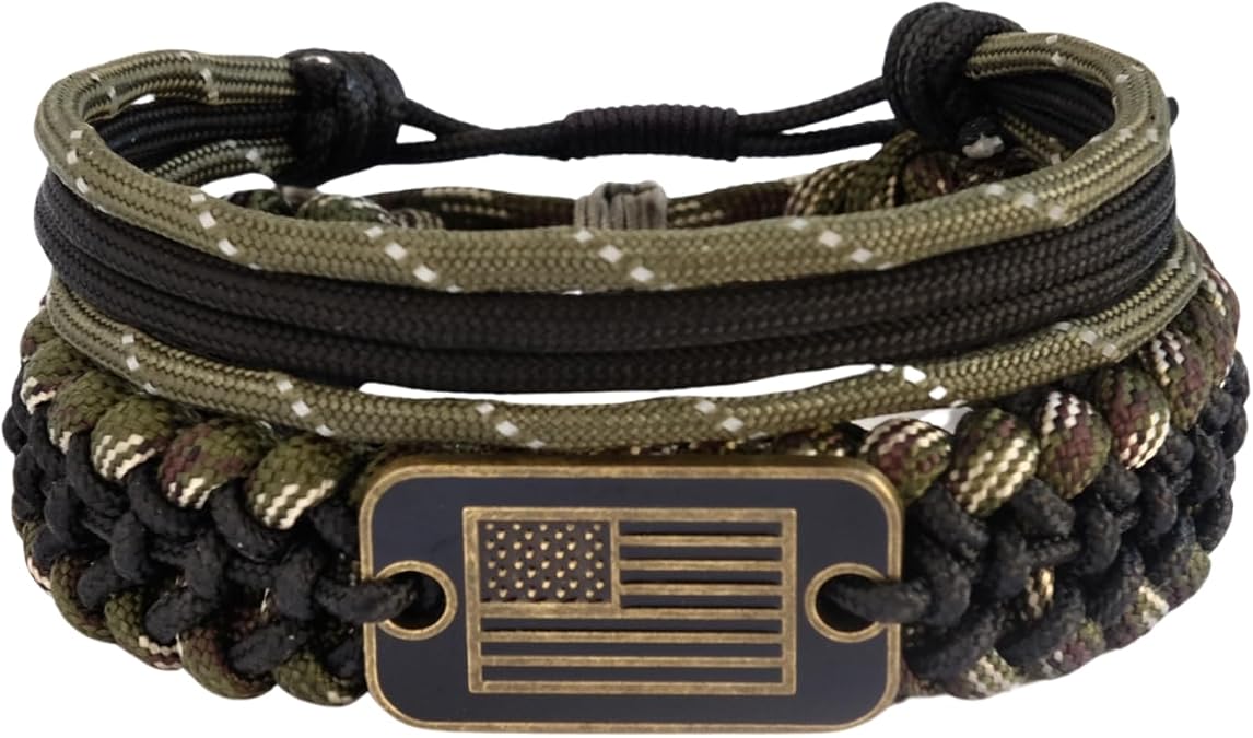 Paracord Bracelets - Adjustable Size Bracelets with Bronze USA Flag Charm - 550 Paracord Survival Bracelets for Hiking Camping Outdoor Traveling - Handmade Bracelet For Men and Women - Gifts for US Army Military Veterans