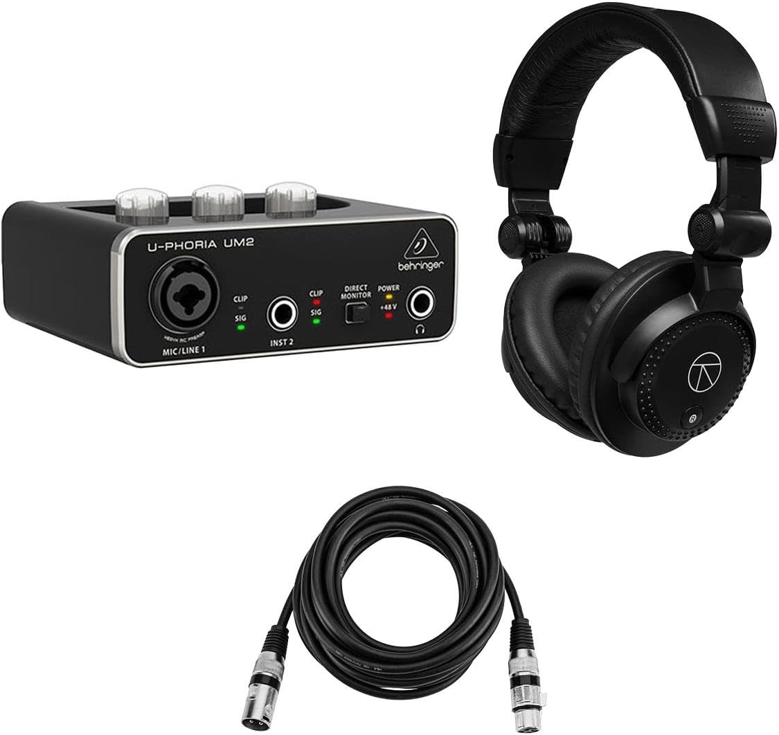 U-PHORIA UM2 2x2 USB Audio Interface, Bundle with Closed-Back Studio Monitor Headphones,15FT XLR M to F Cable, for the Guitarist, Vocalist, Podcaster and Studio Quality Recording 3 Items