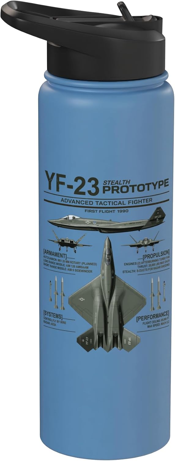 YF-23 Stealth Fighter Military Jet Infographic Dark Olive Stainless Steel Insulated Water Bottle