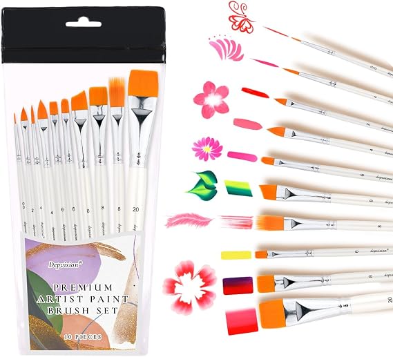 Depvision Face Paint Brush Set, 10pcs Artist Brushes for Body Face Painting, Acrylic Painting Watercolor Oil Gouache