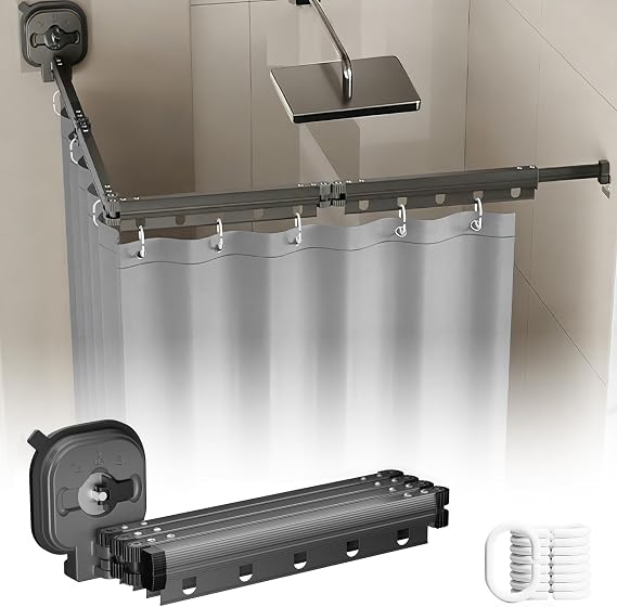 Foldable Shower Curtain Rail with Vacuum Lock Suction Cup, No-Drill Shower Curtain Pole with Waterproof Curtain, L/U Shaped Curved Curtain Rod for Bathroom, Corner, Bathtub (Black, 4‑Fold)