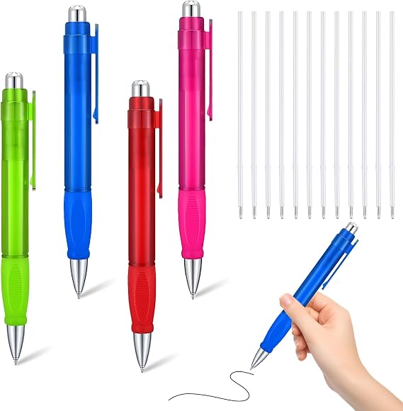 4Pcs Extra Large Ballpoint Pens with 10PCS Refills Easy Grip Jumbo Pen Black Ink Fat Pens for Enhanced Writing Stability (Green+Red+Pink+Blue)