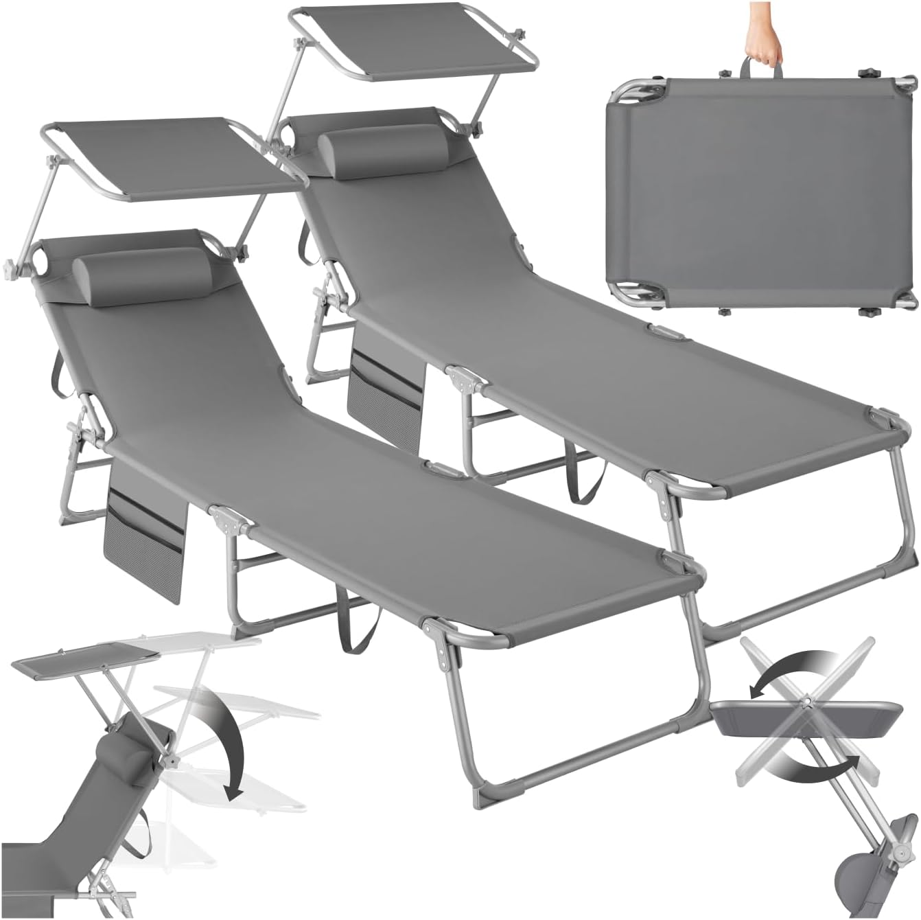 tectake ® Set of 2 Folding and Portable Sun Loungers Beach Lounger Garden Lounger with Roof Deck Chair with Adjustable Backrest Pillow - for Balcony Patio Gray