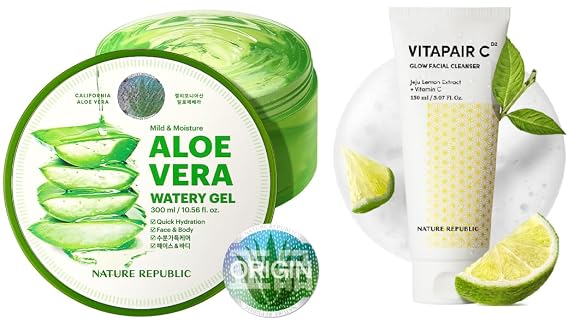 Nature Republic Aloe Vera Gel 92% & Vitamin Cleanser Set - Hydrating Moisturizer and Facewash, Daily Makeup Remover, Natural Cleanser