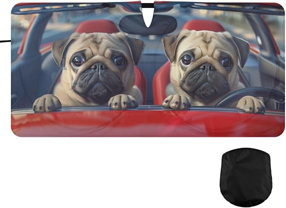Car Windshield Sun Shade Cute Pug Dogs Driving Foldable Sunshade Front Window Visor Protector Blocks UV Rays Heat Keep Vehicle Cool 59 x 30 in