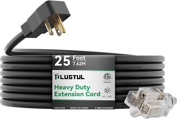 PLUGTUL 20AMP Extension Cord 25FT | NEMA 5-20 Heavy Duty Extension Cord, Lighted End, 12Gauge, SJTW, 20AMP 125V 2500W, Black
