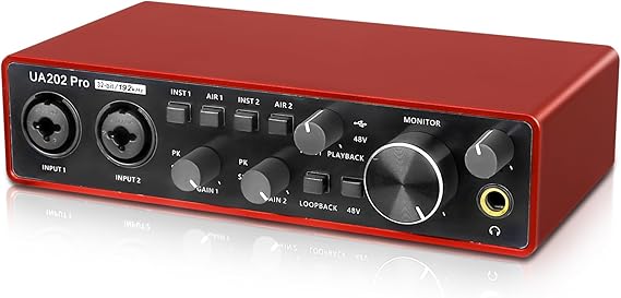 USB Audio Interface for Computer Recording Music(Red), 2 Channel Guitar Audio Interface, 32Bit/192kHz Podcasting Streaming with 48V Phantom Power
