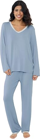 Joyaria Women's Bamboo Viscose Pajamas Long Sleeve Cooling Pj Lounge Set Soft Loose Sleepwear V Neck Top with Pants