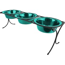 Platinum Pets 4 Cup Bistro Triple Raised Feeder with Stainless Steel Wide Rimmed Bowls, Caribbean Teal