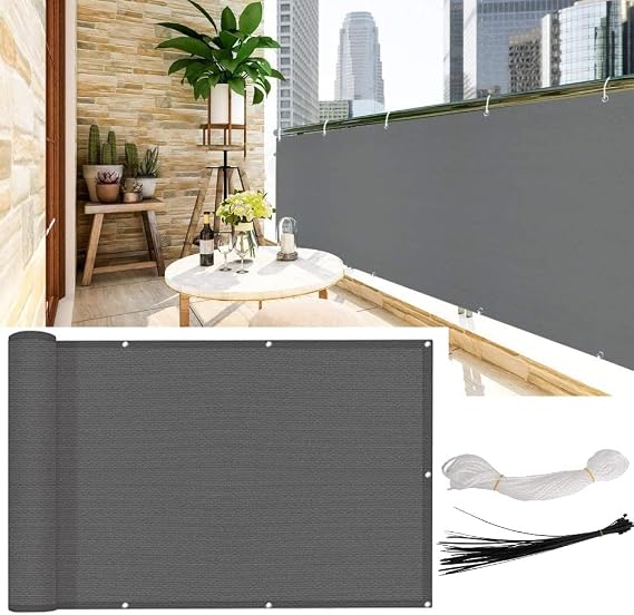 KAHEIGN Balcony Privacy Screen, 0.9m x 5m Patio Privacy Protective Screens 200g/m² HDPE 95% UV Block Porch Privacys Fence Cover for Backyard Deck Railing Pools - with Cable Ties and Rope