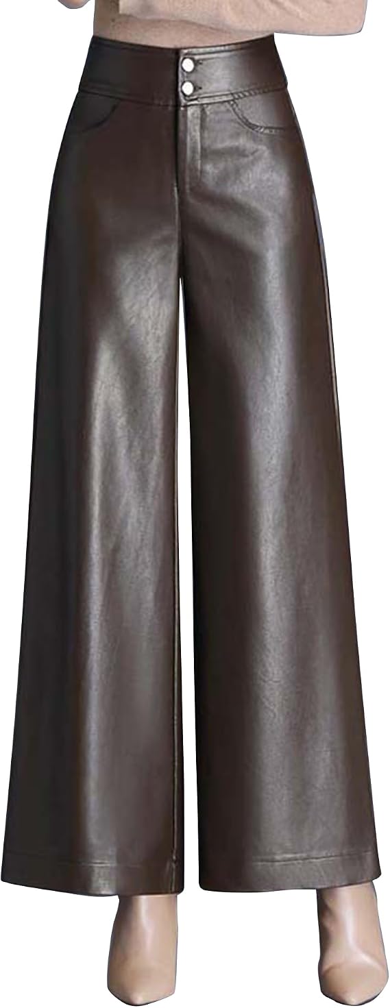 HaoMay Women's High Waist Wide Leg PU Faux Leather Cropped Pants Culottes