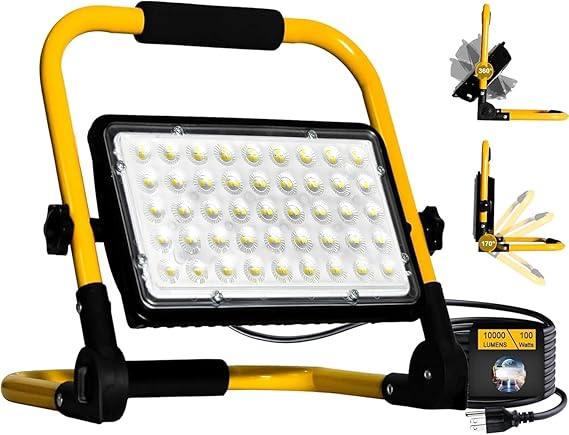 10000LM LED Work Light, 100W 6500K Portable Work Light with Stand, IP66 Waterproof Flood Light with 13.1FT Cord, Construction Lighting for Job Site Repairing Workshop Garage, Gifts for Men