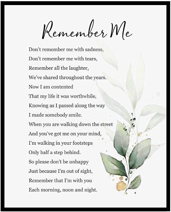 solindeco Remember Me Wall Art, Memorial Remembrance, Encouragement Gift for Pet, Sympathy Funeral Gift, Memorial Poem, Bereavement Gifts, Sympathy Poem, 8x10 inch - UNFRAMED