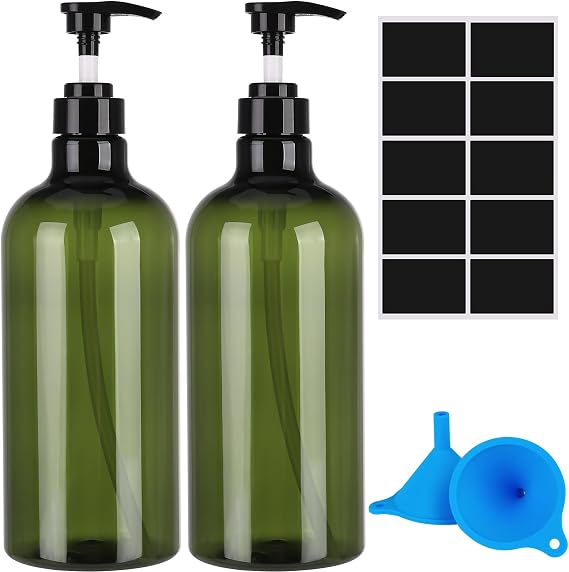 Invalidism 2Pcs Pump Bottle Dispenser 1000ML Refillable Press Pump Bottles | Plastic Liquid Soap Dispenser Storage Holder Container for Lotions Shampoo Conditioner with Funnel Label Paper
