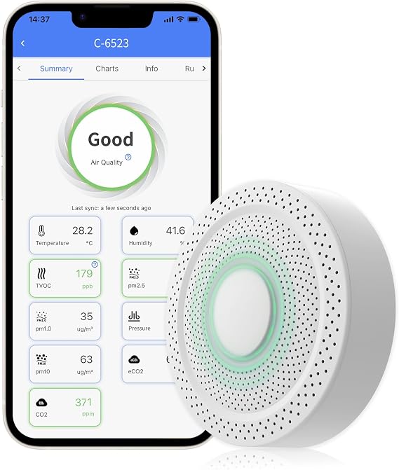 AQS1 9-in-1 Air Quality Monitor - PM1/2.5/10, TVOC, CO2/CO2e, Temp/RH/Air Pressure, Multiple Alerts, WiFi/RS485 Connectivity, Public&Private Cloud, Support Local Network Deployment.