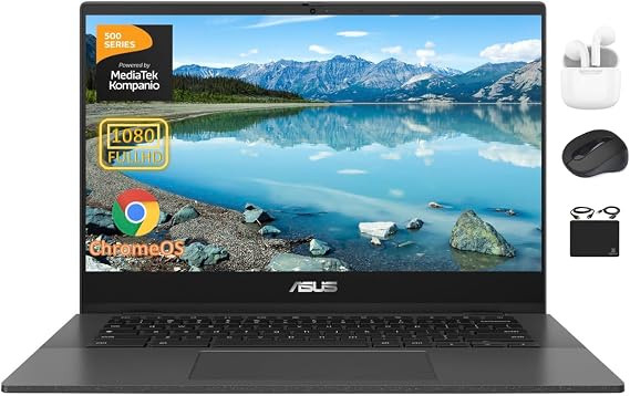 ASUS Chromebook Laptop Student Business 2024, 14" FHD Anti-Glare Display, 8-Core MediaTek Kompanio 520, 4GB RAM, 128GB (64GB eMMC+64GB Card),
