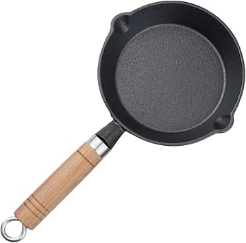 Mini Frying Pan, Mini Cast Iron Skillet, 6 Inch Round Non-Stick Frying Pan with 2 Pouring Spout, Portable Small Egg with Hanging Wooden Handle for Stove Gas Induction Hob