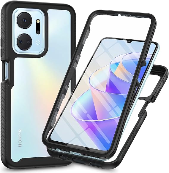 Sawiqpd for Honor X7A Case and Screen Protector, Black | 360 Degree Protection, Military Heavy Duty Protection, Hybrid PC & TPU, Shockproof Full Body Bumper, Clear Slim Phone Cover