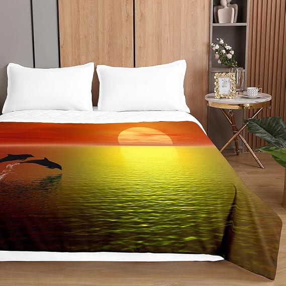Highdi Reversible Bed Throws Quilted Bedspreads, Sunset Dolphin Lightweight Patchwork Quilt Comforter Single Double,Cotton Throw Summer Quilt,Quilted Blanket for Seasons (Sunset,100x150cm)