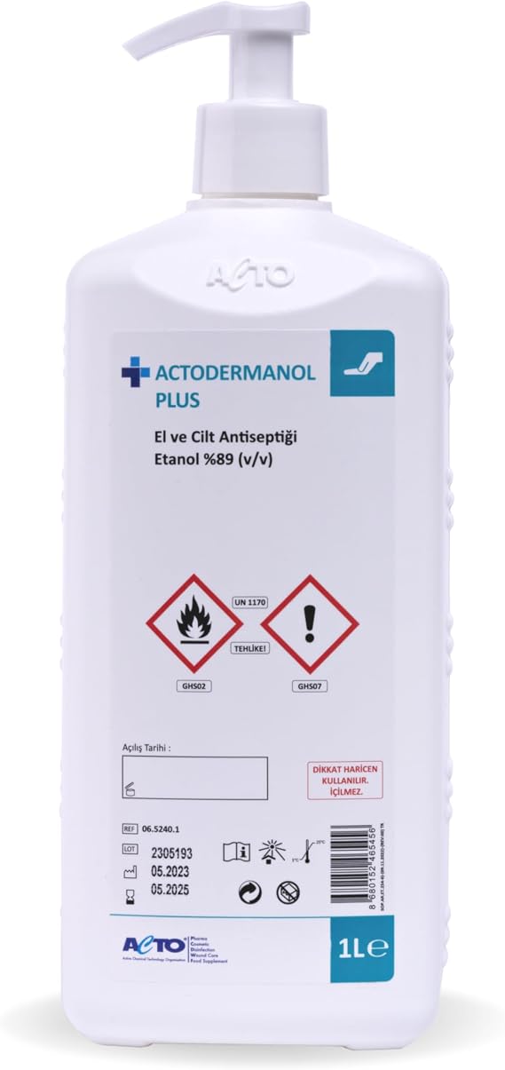 ACTODERMANOL® PLUS 1L – El ve Cilt Antiseptiği |%89 Etanol (v/v) İçerikli Hızlı Etkili Dezenfektan | Zararlı Mikroorganizmalara Karşı Etkin Koruma | Cilt Dostu, Hızlı Kuruyan Formül