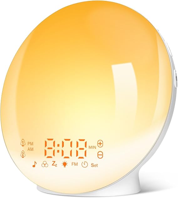 Sunrise Alarm Clocks, Wake Up Light with Sunrise/Sunset Simulation Dual Alarms Bedside Night Lamp Snooze Function FM Radio 7 Natural Sound 11 Colorful Atmosphere Lamp(White) | Sunrise & sunset simulation, smart App control, Bluetooth speaker, FM radio, 4 alarms, 7 natural sounds, 11 light colors [Energy Class G]